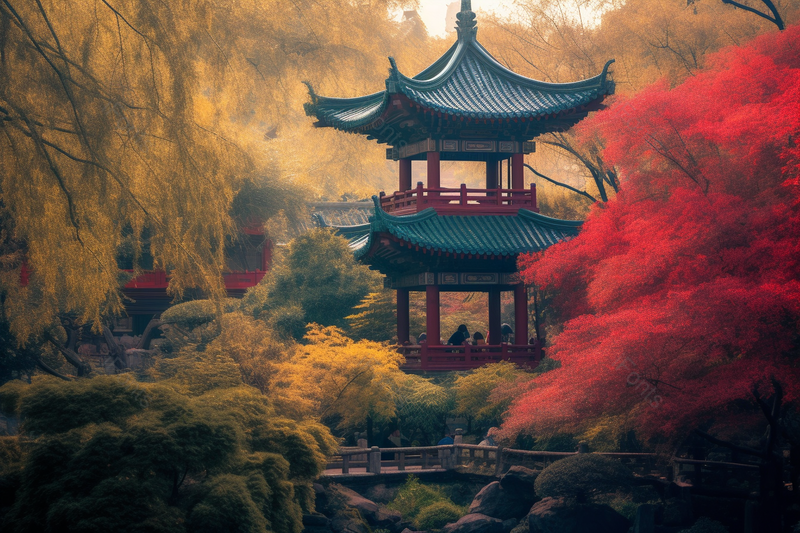 风景优美的晚秋枫叶林中亭台楼阁摄影背景,高清,摄影图,摄影图片,图片大全,摄影图免费下载